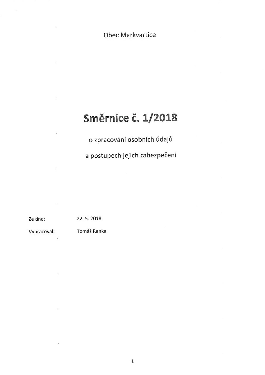 Směrnice č. 1/2018 o zpracování osobních údajů a postupech jejich zabezpečení