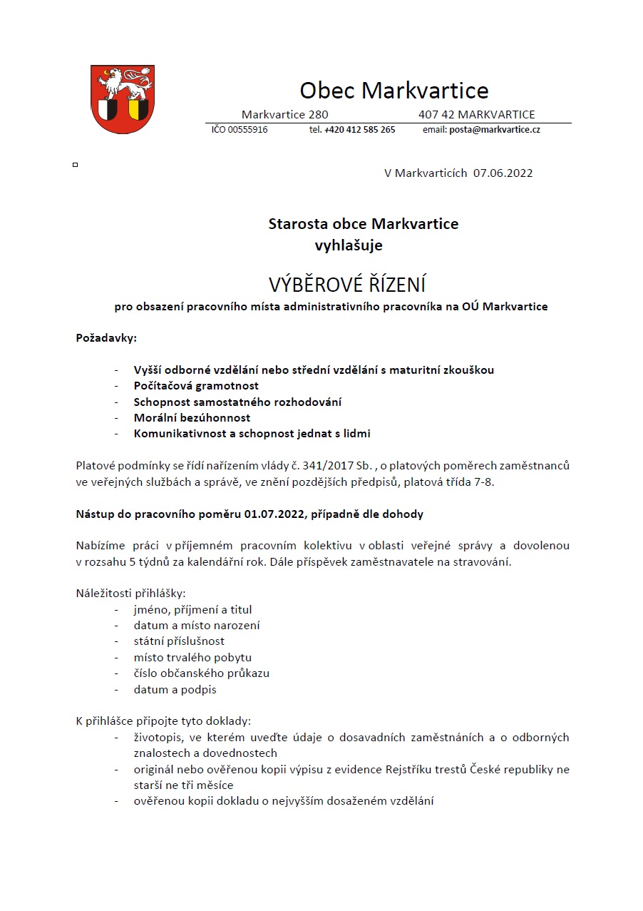 4/2022 VÝZVA K PODÁNÍ NABÍDKY - ADMINISTRATIVNÍ PRACOVNÍK