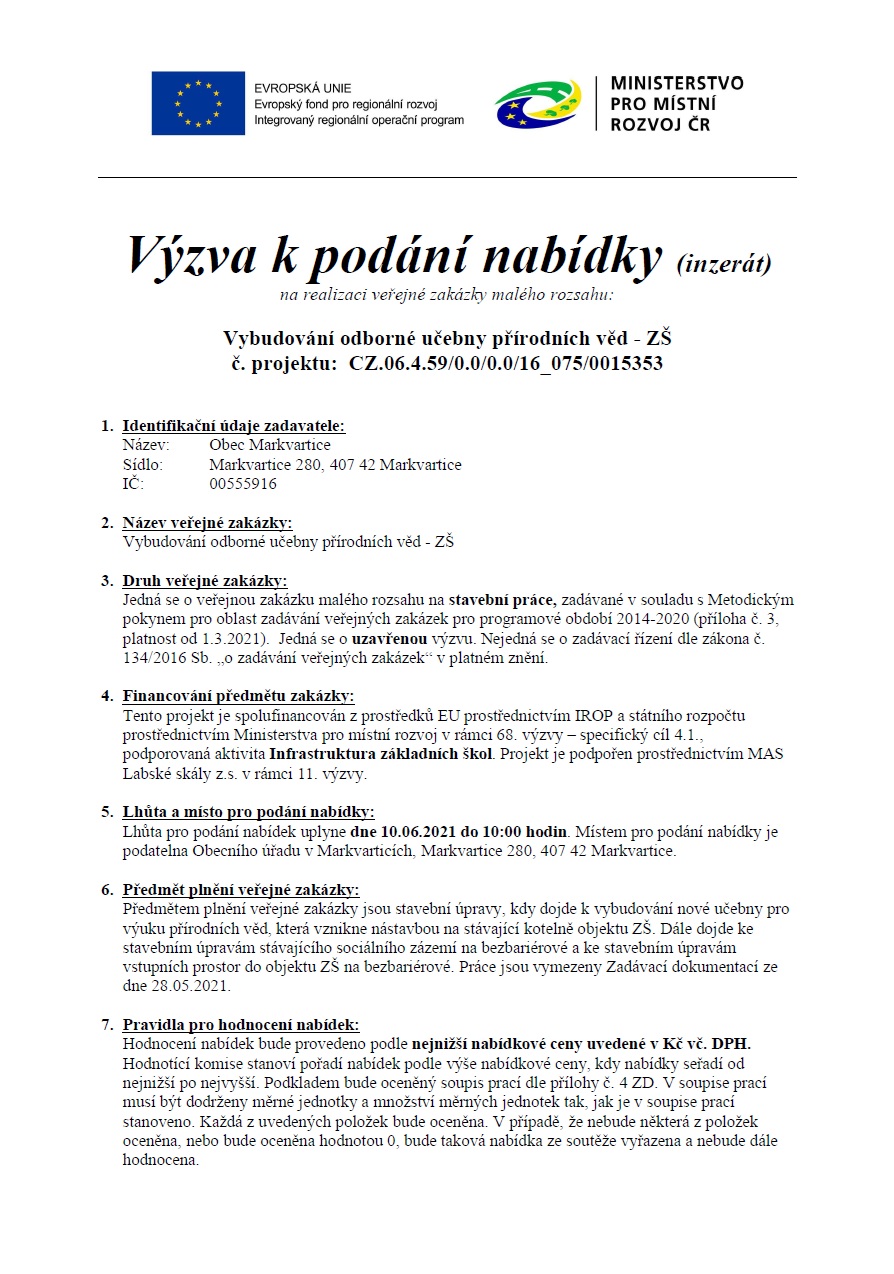 4/2021 Výzva k podání nabídky na realizaci veřejné zakázky „Vybudování odborné učebny přírodních věd – ZŠ“
