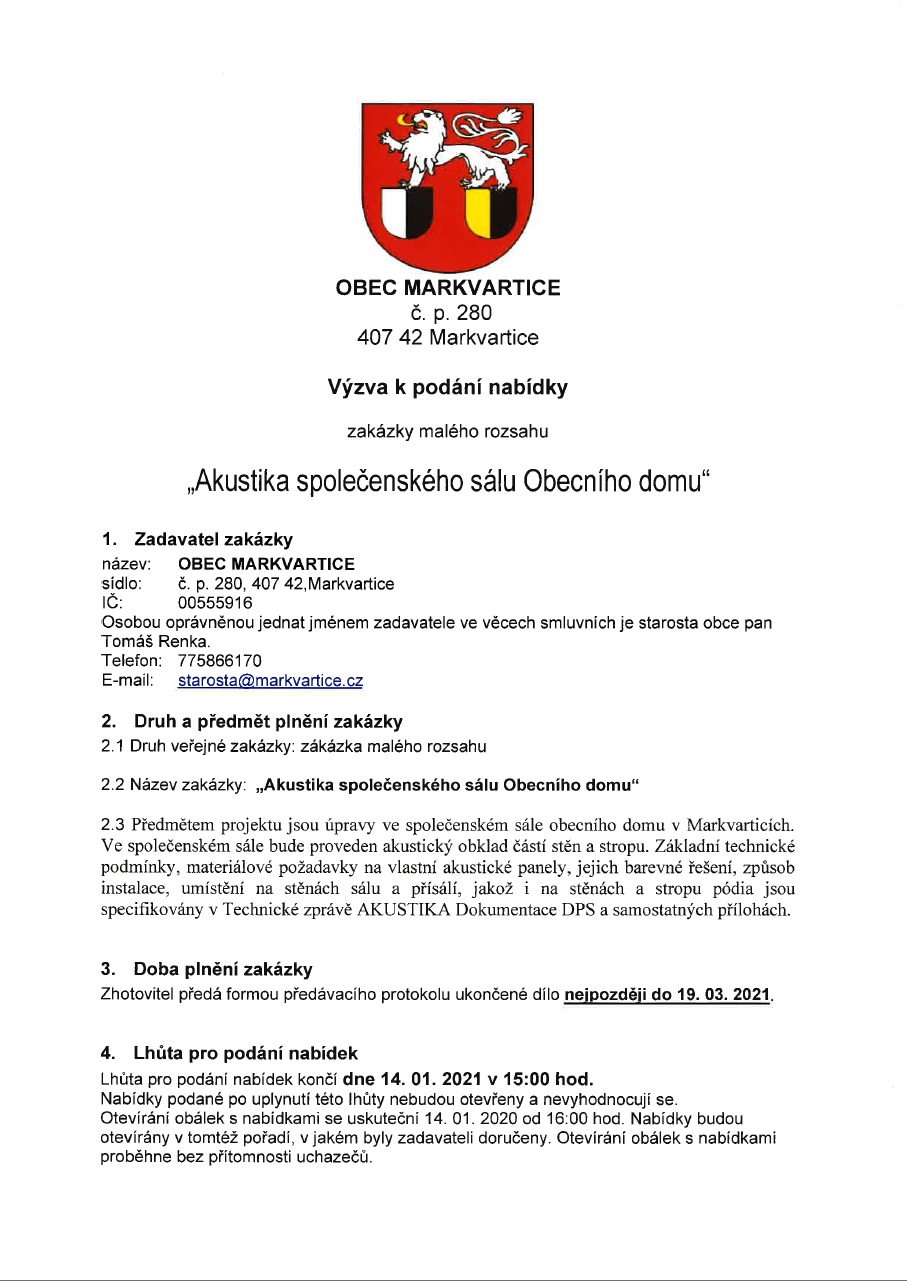 4/2020 Výzva k podání nabídky zakázky malého rozsahu „Akustické úpravy společenského sálu Obecního domu“