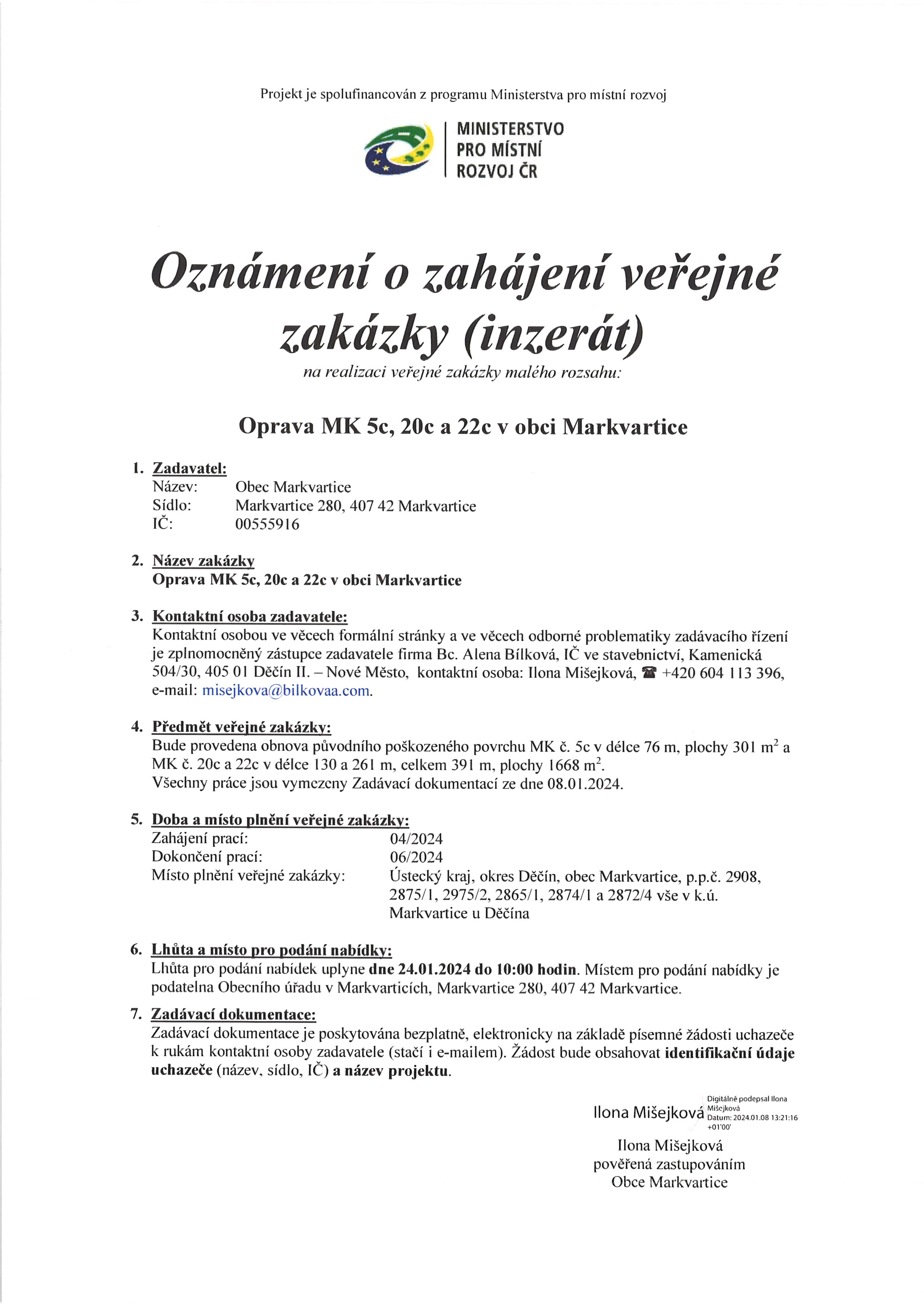 1/2024 Oznámení o zahájení veřejné zakázky