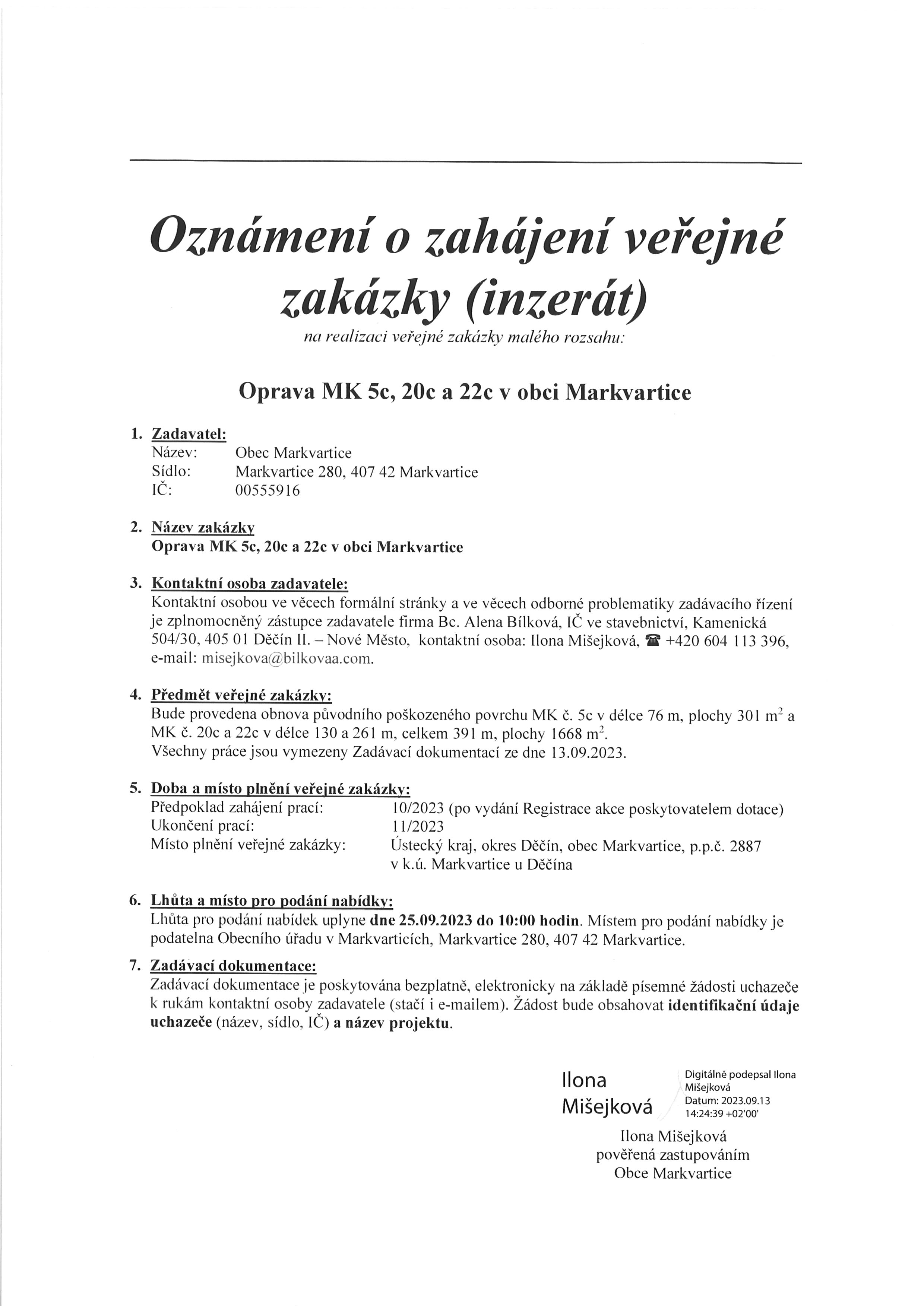 2/2023 Oznámení o zahájení veřejné zakázky ( inzerát )