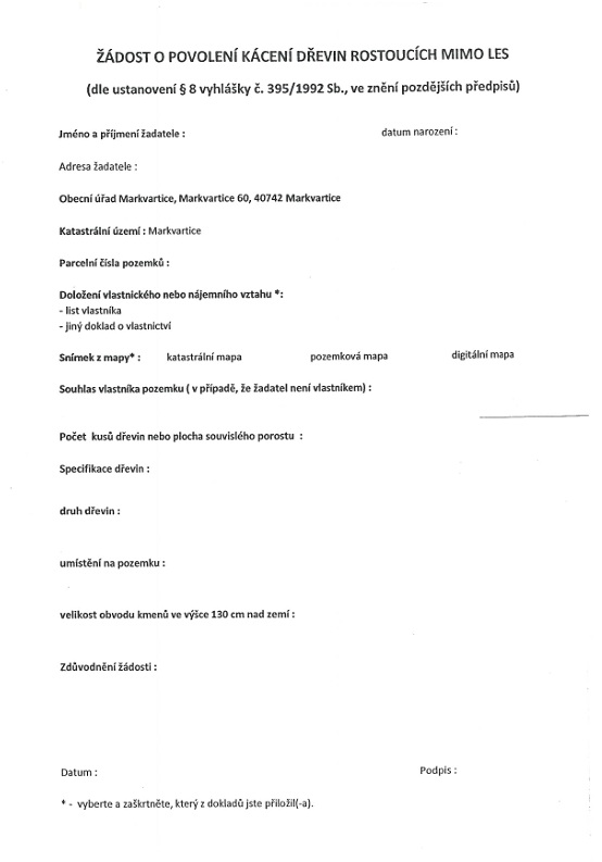 Žádost - kácení stromů