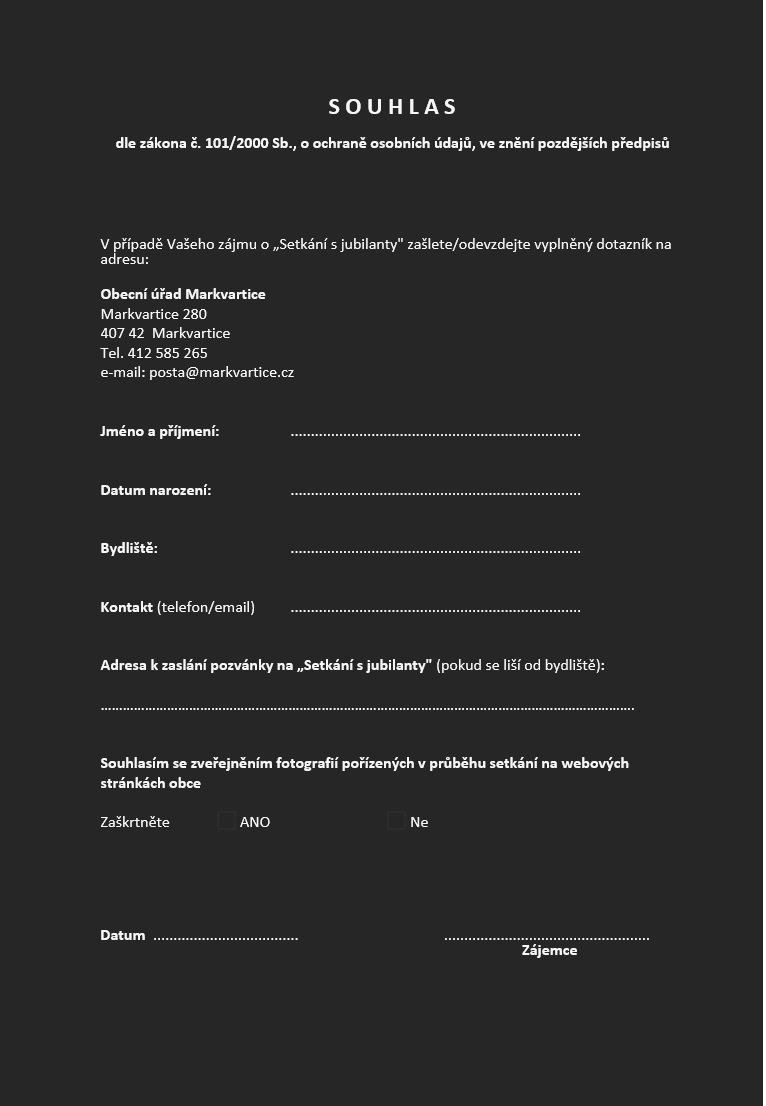Souhlas "Setkání s jubilanty"