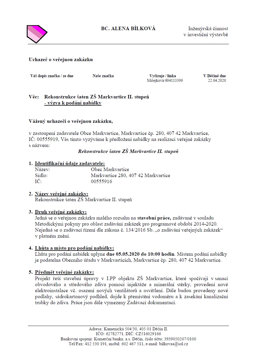 1/2020 Výzva k podání nabídky: Rekonstrukce šaten v ZŠ Markvartice II. stupeň