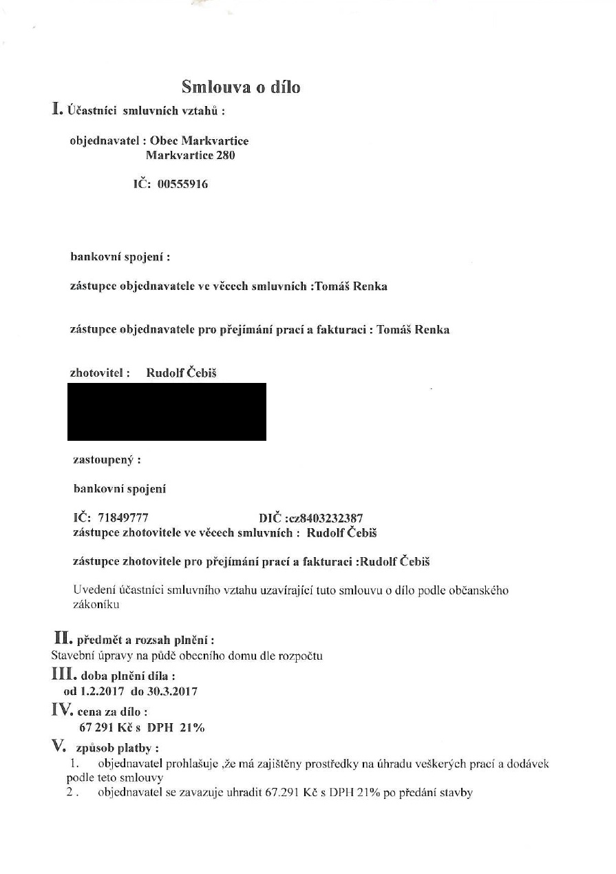 mlouva o dílo - Stavební úpravy na půdě obecního domu - Rudolf Čebiš 
