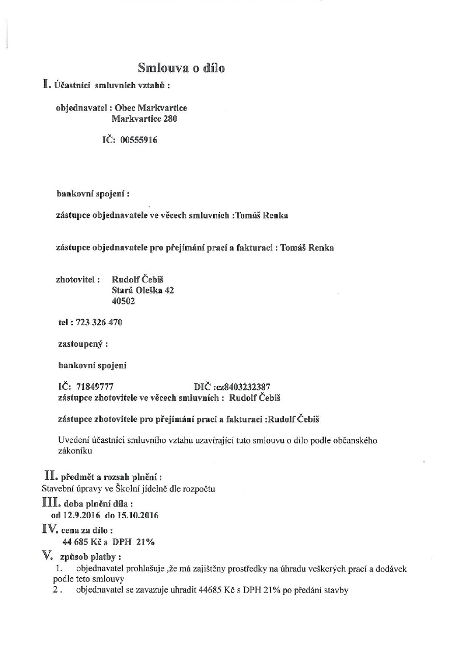 Smlouva o dílo - Stavební úpravy ve Školní jídelně - Rudolf Čebiš