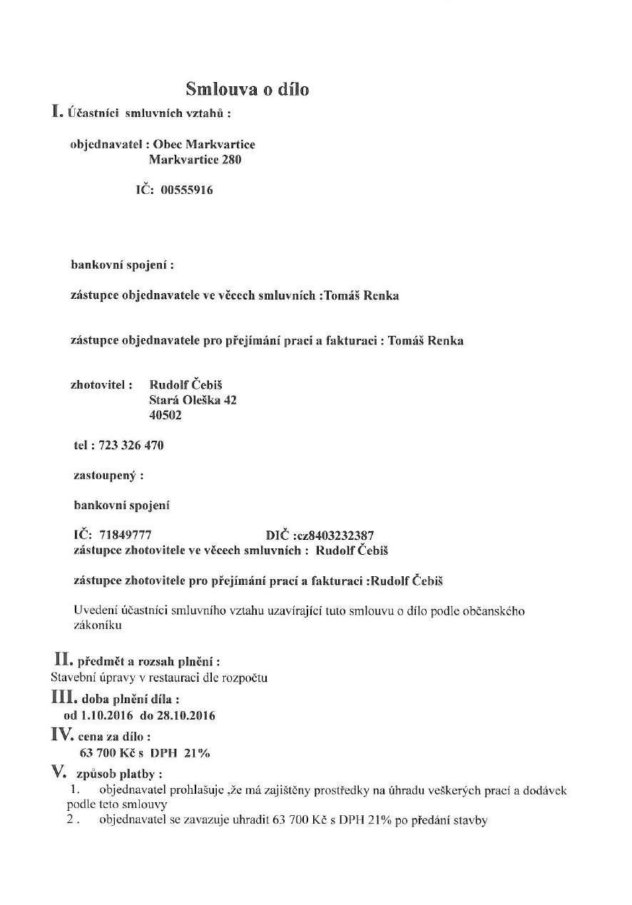 Smlouva o dílo - Rudolf Čebiš - Stavební úpravy v restauraci
