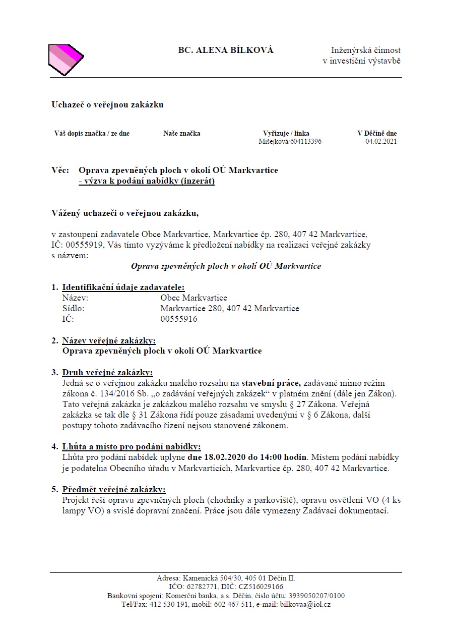 2/2021 Výzva - Oprava zpevněných ploch v okolí OÚ Markvartice