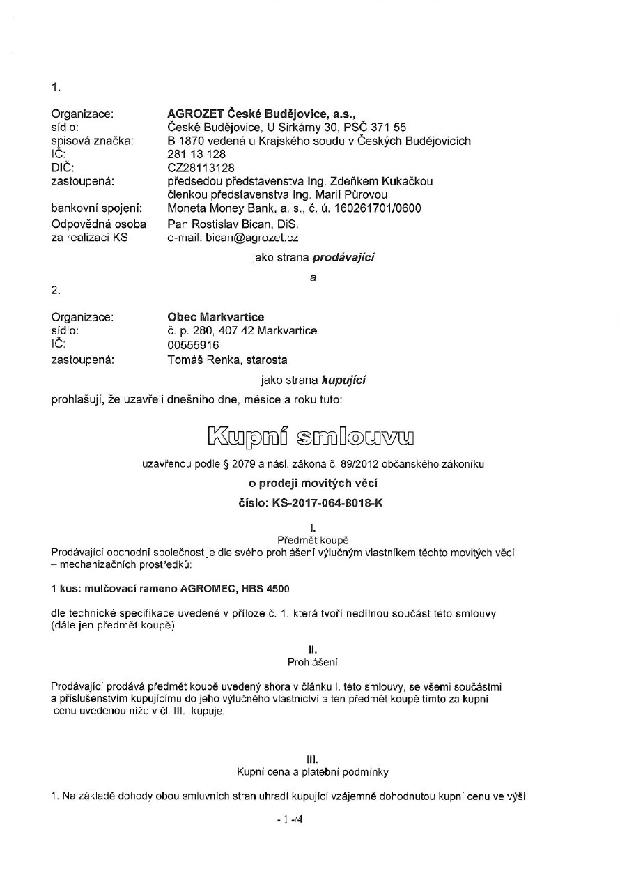 Kupní smlouva - Mulčovací rameno - Agrozet České Budějovice, a.s.