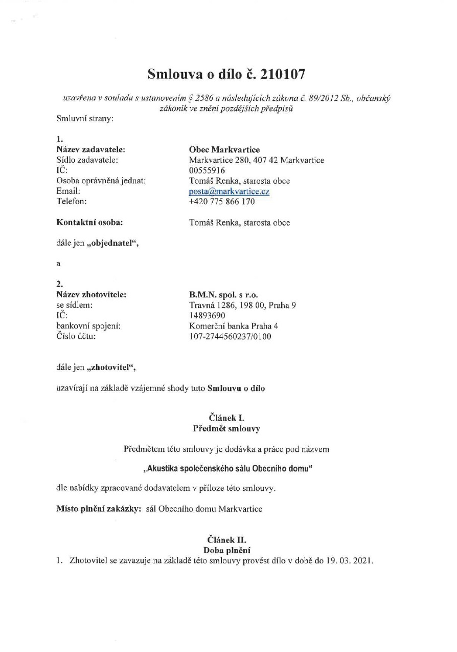 Smlouva na provedení úprav akustiky sálu