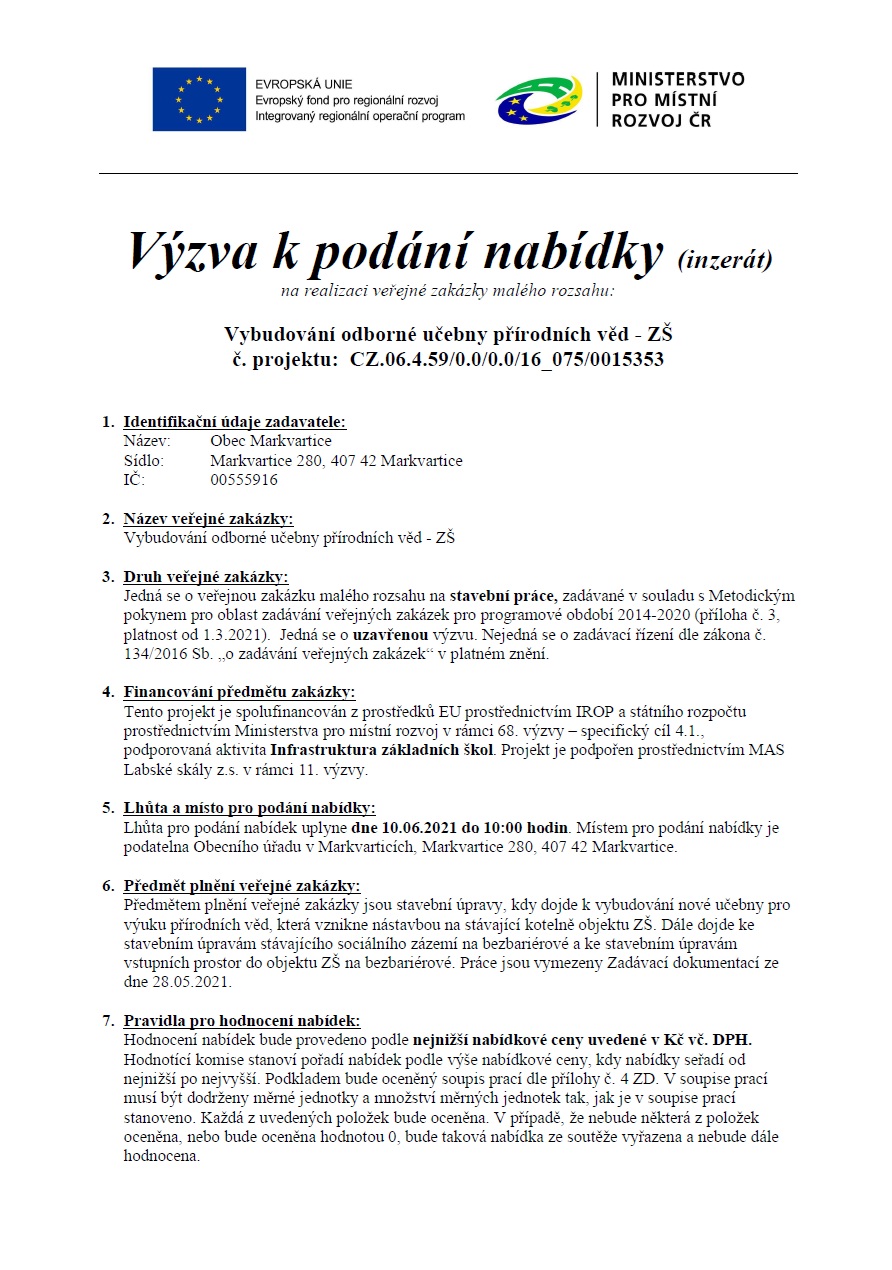 04/2021 Výzva k podání nabídky na realizaci veřejné zakázky „Vybudování odborné učebny přírodních věd – ZŠ