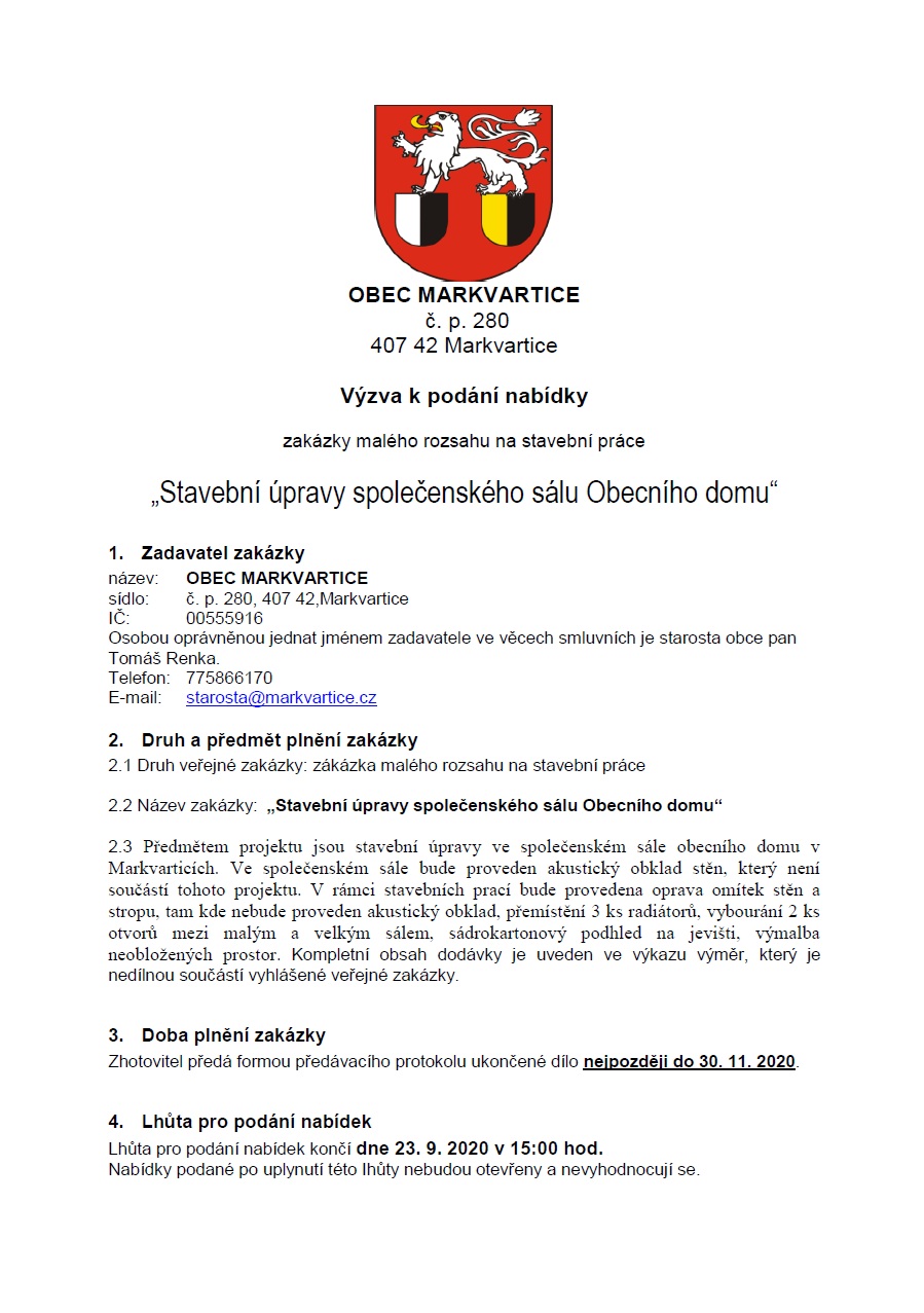 2/2020 Výzva k podání nabídky zakázky malého rozsahu na stavební práce „Stavební úpravy společenského sálu Obecního domu