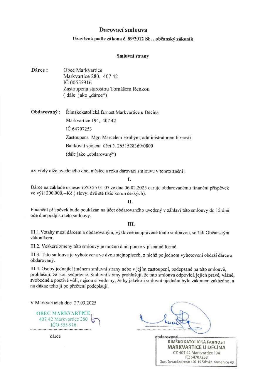 Darovací smlouva - Římskokatolická farnost Markvartice u Děčína
