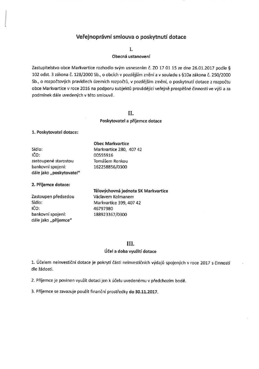 Veřejnoprávní smlouva o poskytnutí dotace - TJ SK Markvartice