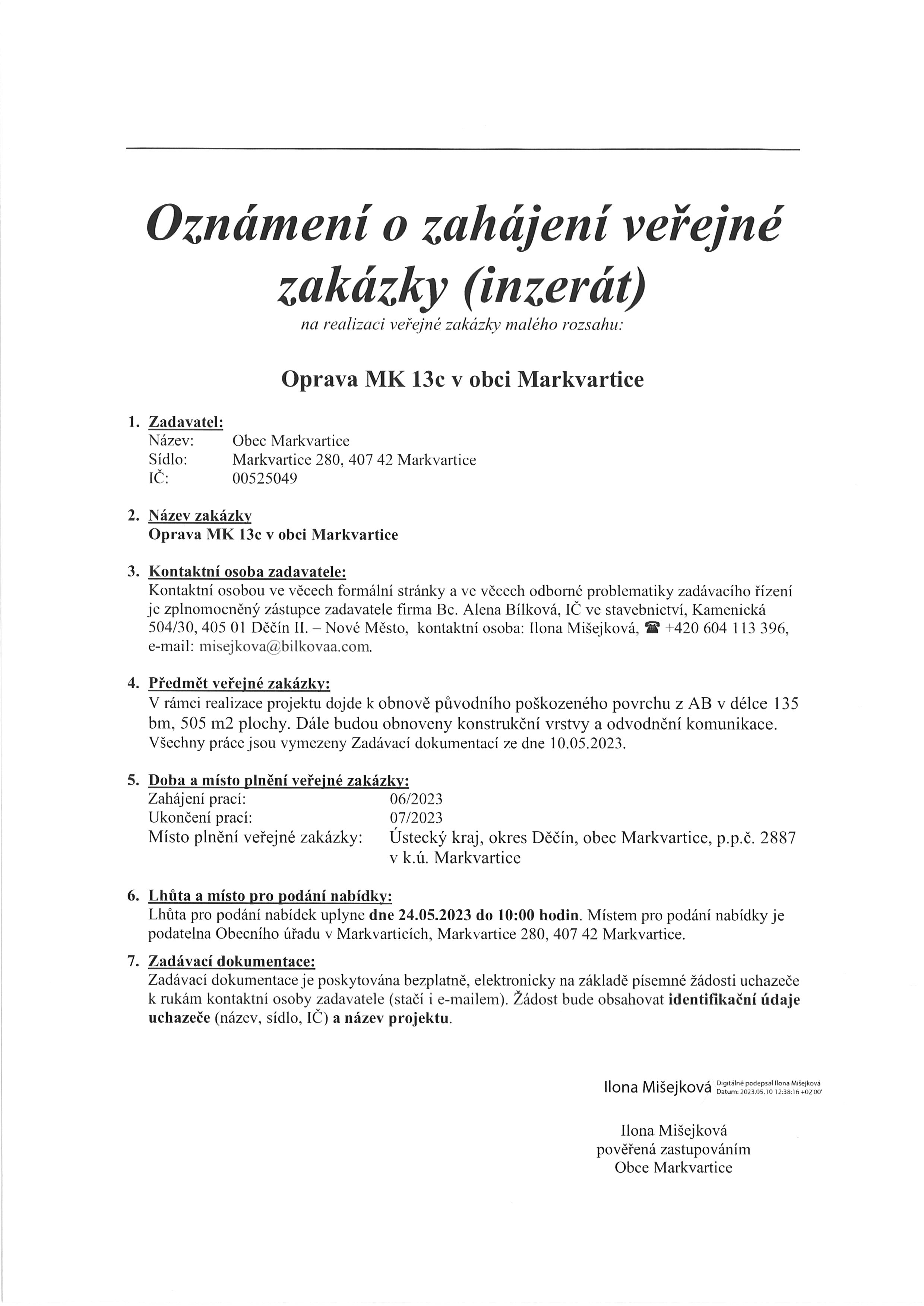 2/2023 Oznámení o zahájení veřejné zakázky (inzerát)