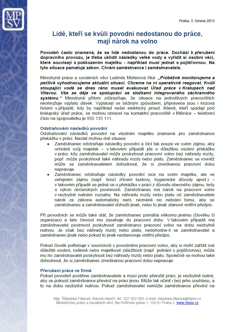 MPSV - Lidé, kteří se kvůli povodni nedostanou do práce, mají nárok na volno