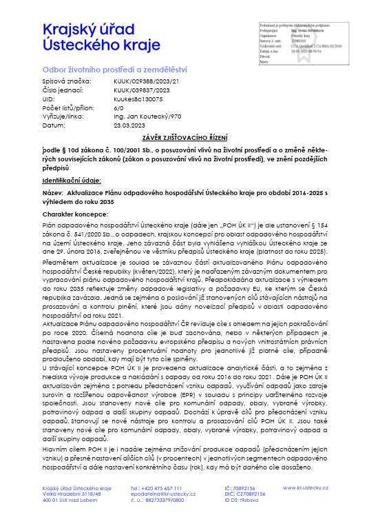 Závěr zjišťovacího řízení - Aktualizace Plánu odpadového hospodářství Ústeckého