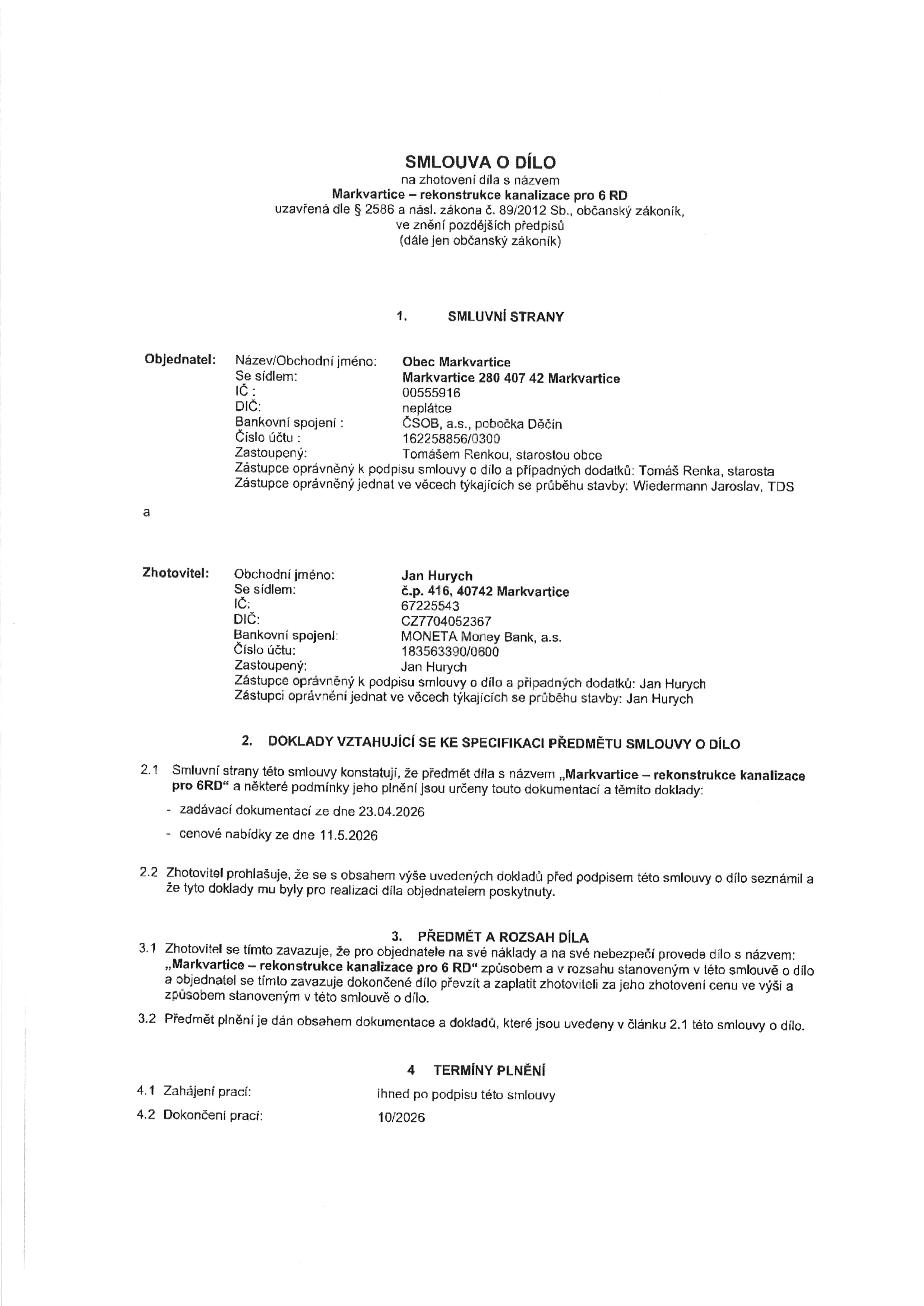 Smlouva o dílo - Markvartice - rekonstrukce kanalizace pro 6 RD 