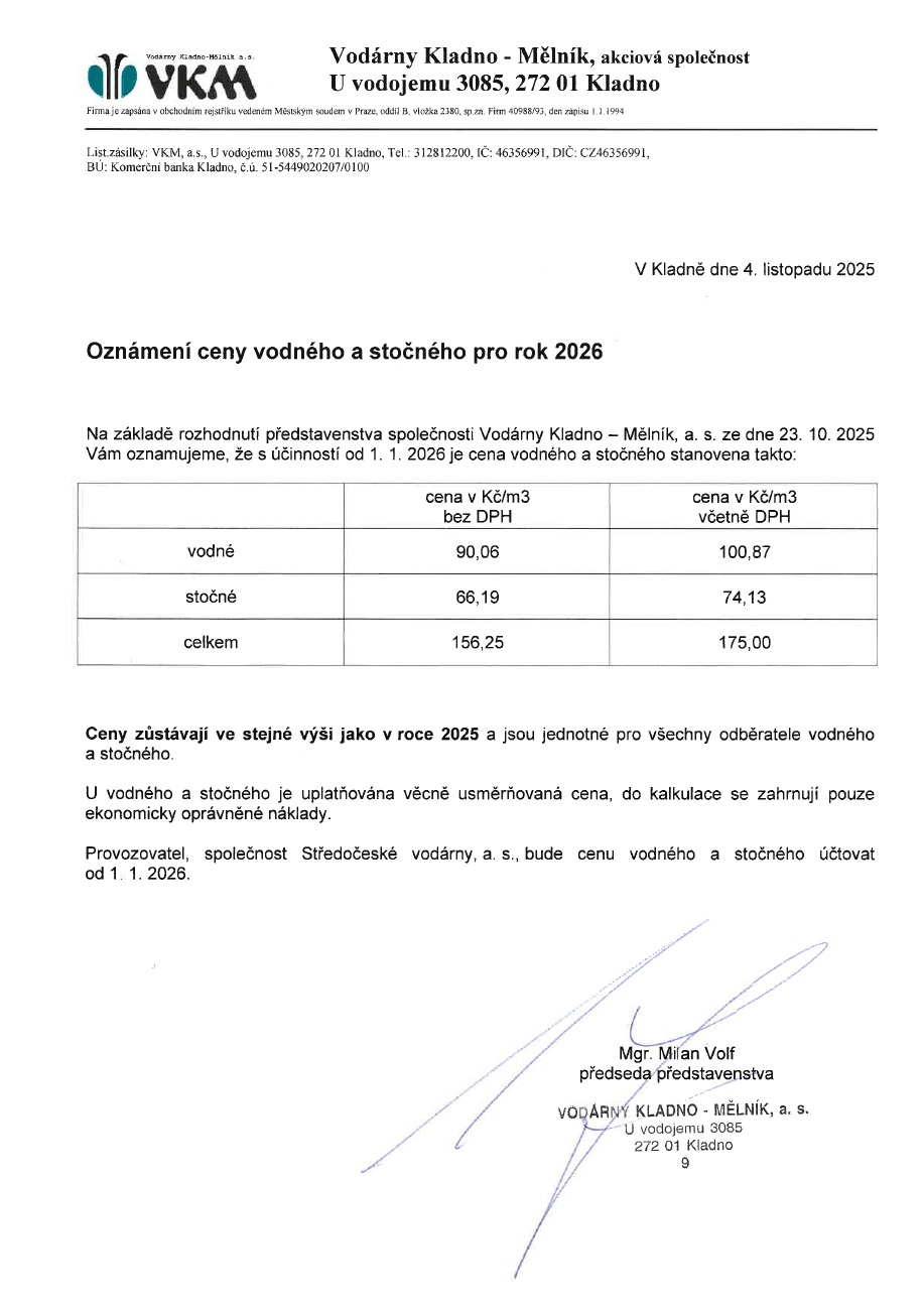 Náhledový obrázek článku: Oznámení ceny vodného pro rok 2026