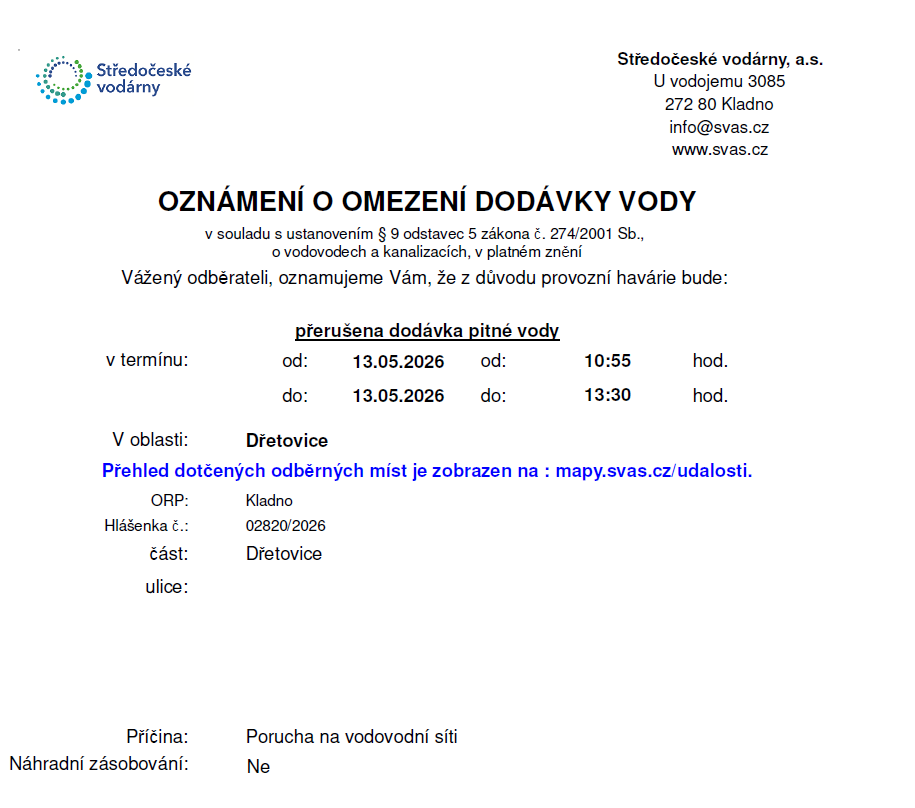 Náhledový obrázek článku: Oznámení o odstavení dodávky vody