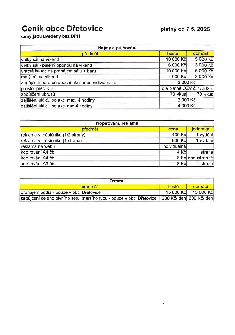 Ceník služeb a pronájmů