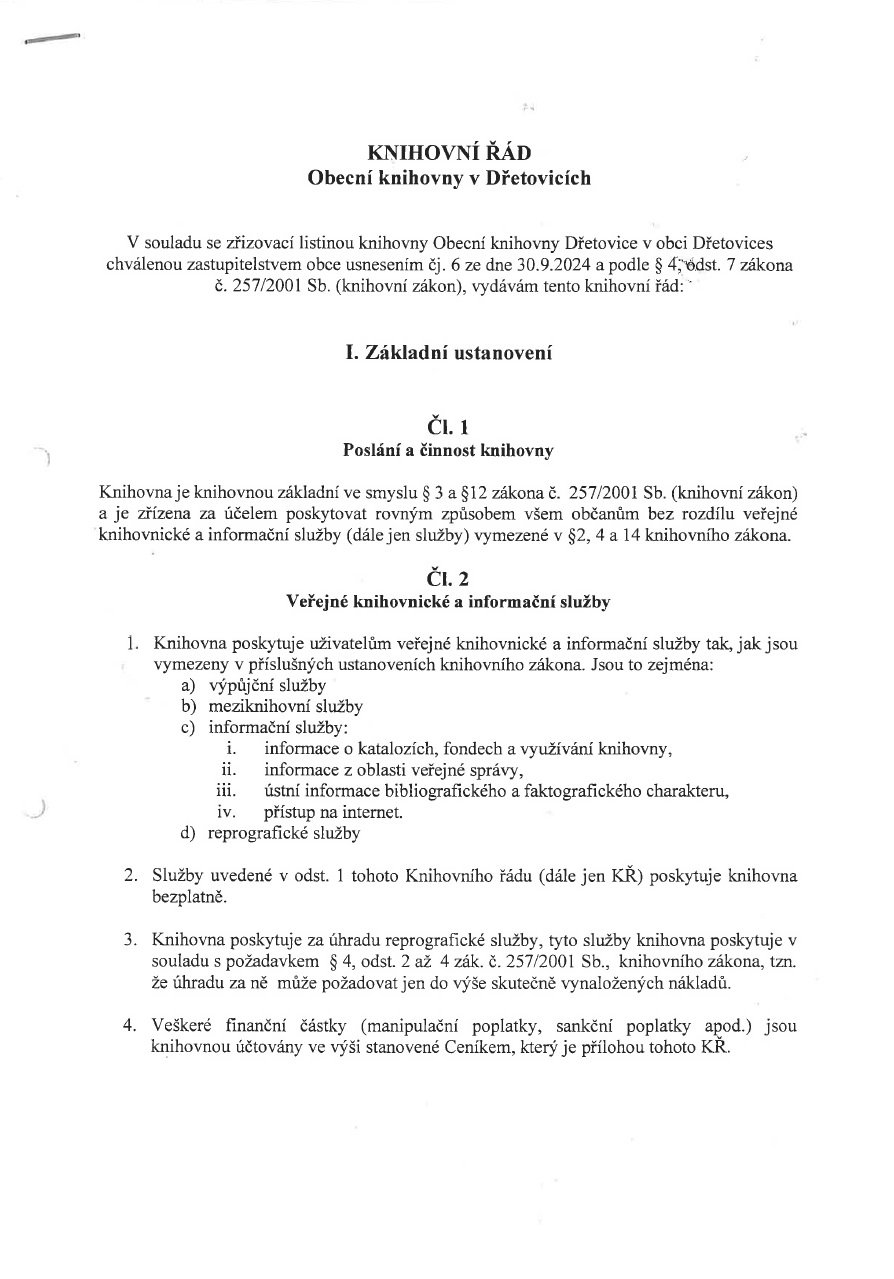 Knihovní řád Dřetovice - schválený