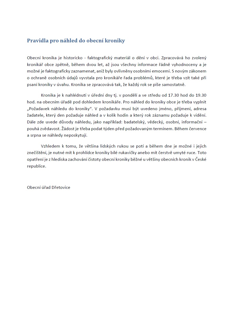 Pravidla pro náhled do obecní kroniky