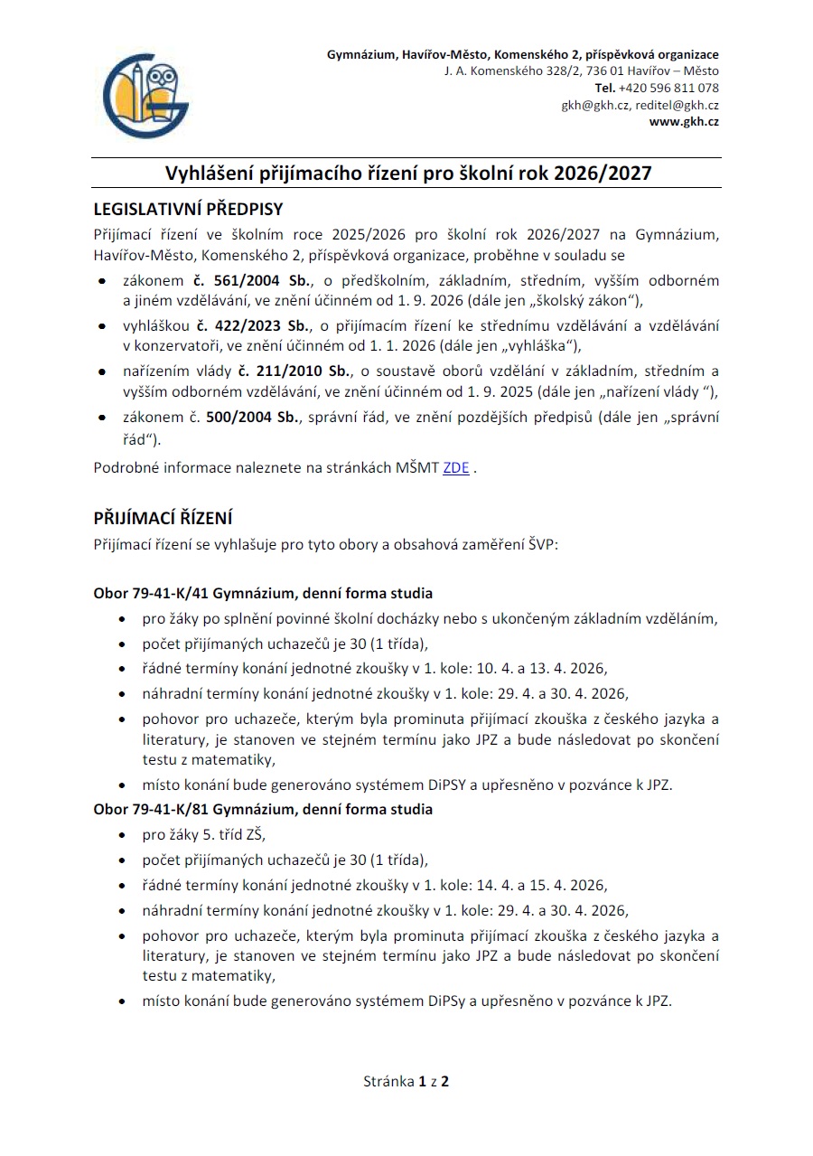 Vyhlášení přijímacího řízení