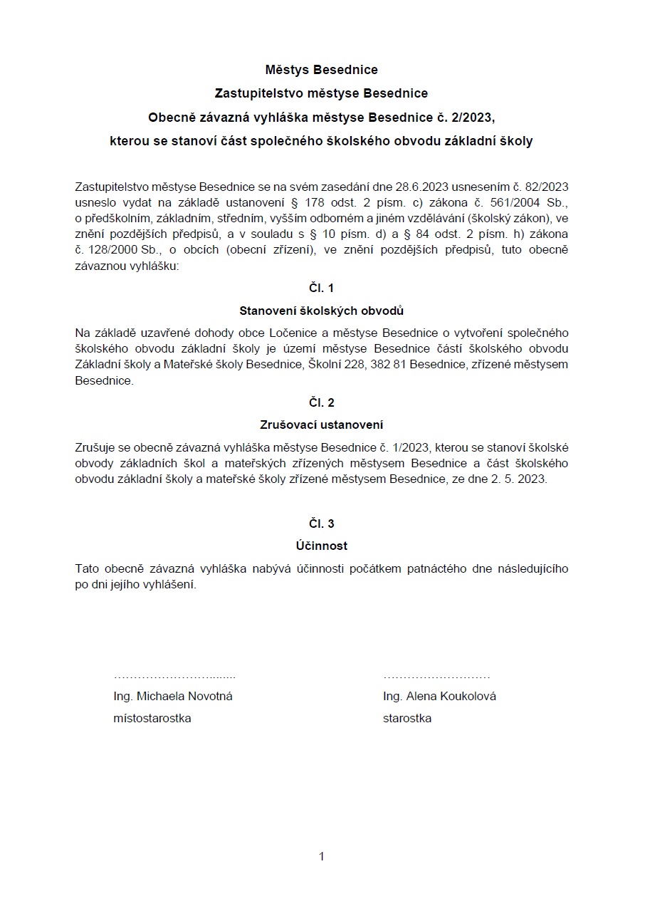 OZV kterou se stanoví část společného školského obvodu základní školy