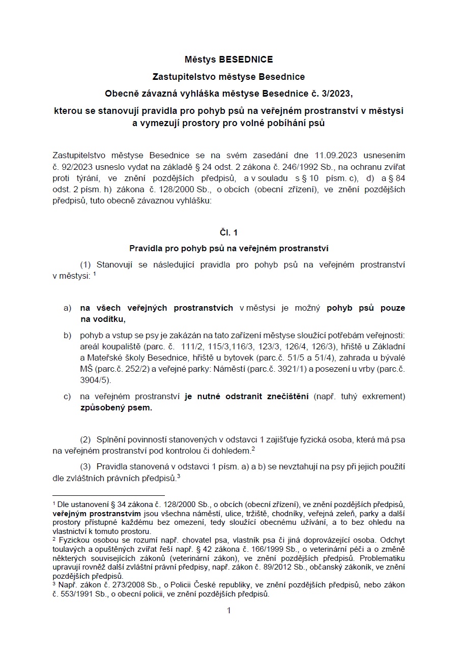 OZV kterou se stanovují pravidla pro pohyb psů na veřejném prostranství v městysi a vymezují prostory pro volné pobíhání psů