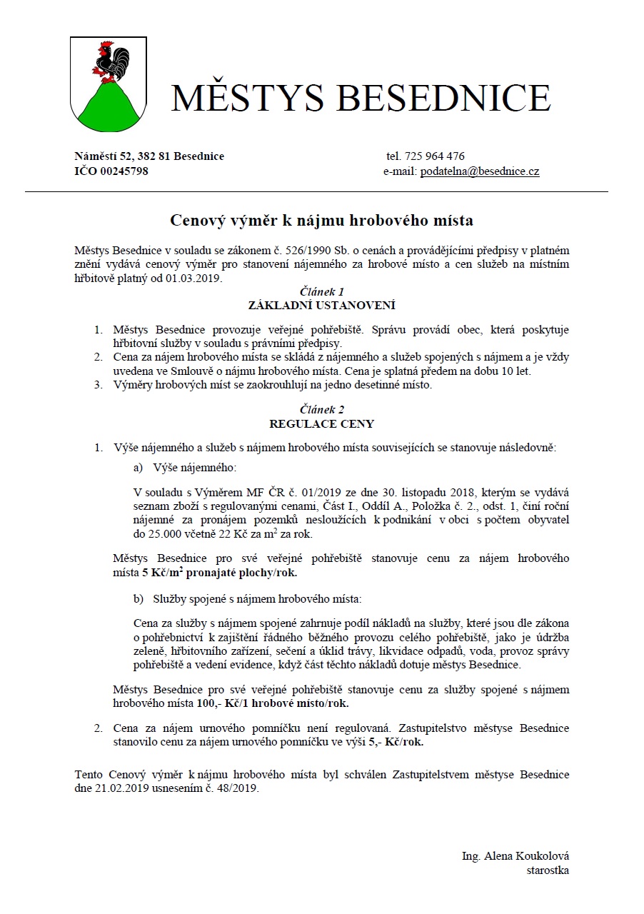 Cenový výměr k nájmu hrobového místa