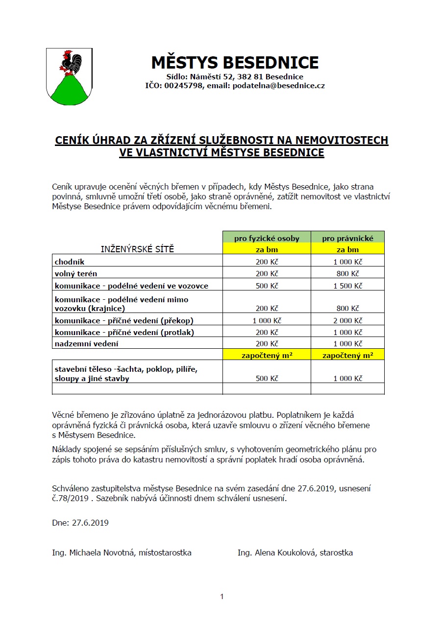 Ceník úhrad za zřízení služebnosti na nemovitostech ve vlastnictví městyse Besednice