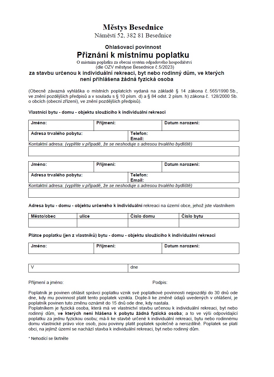 Přiznání k místnímu poplatku za rekreační objekt (ohlašovací povinnost)