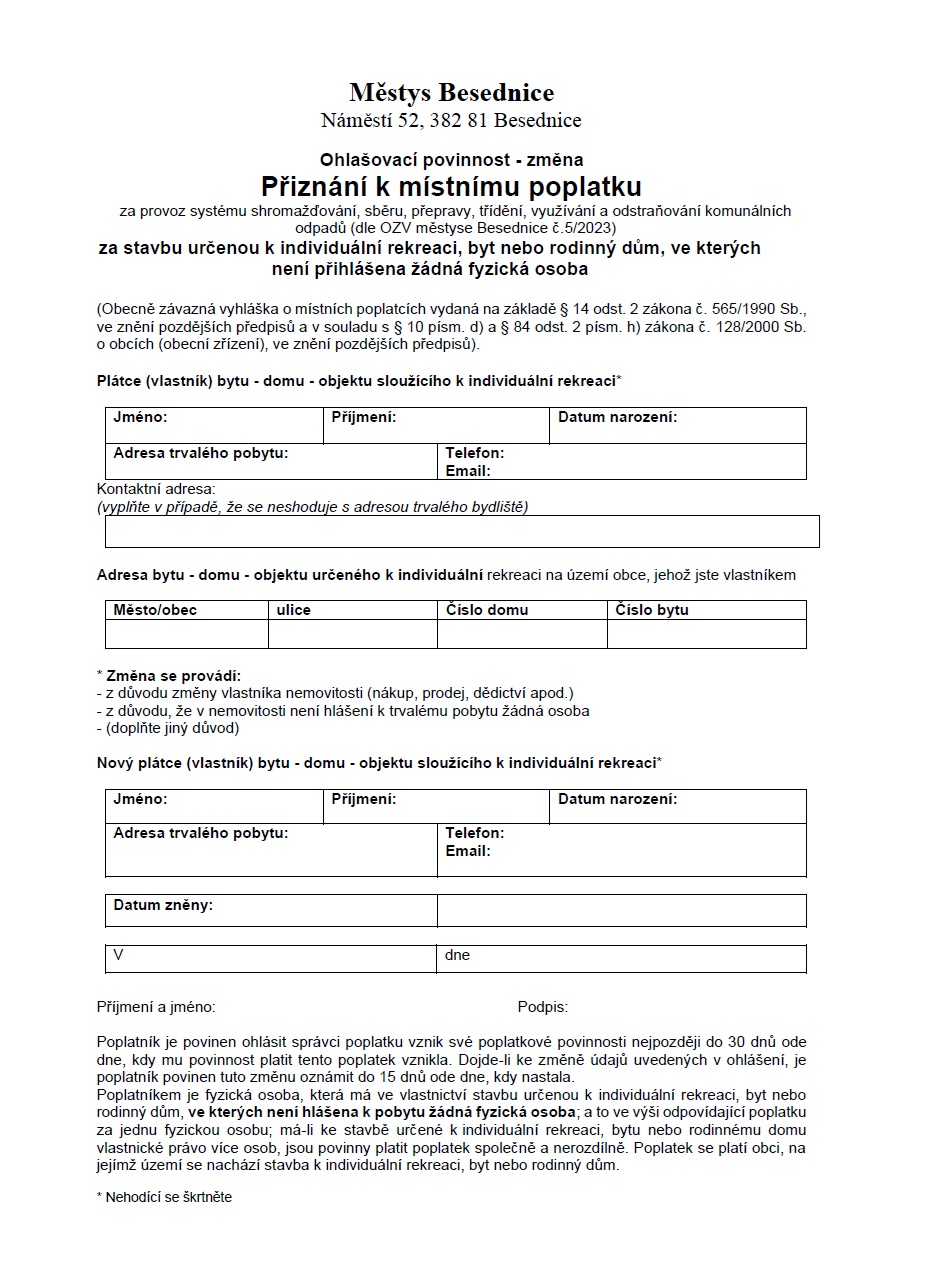 Přiznání k místnímu poplatku za rekreační objekt (změna)