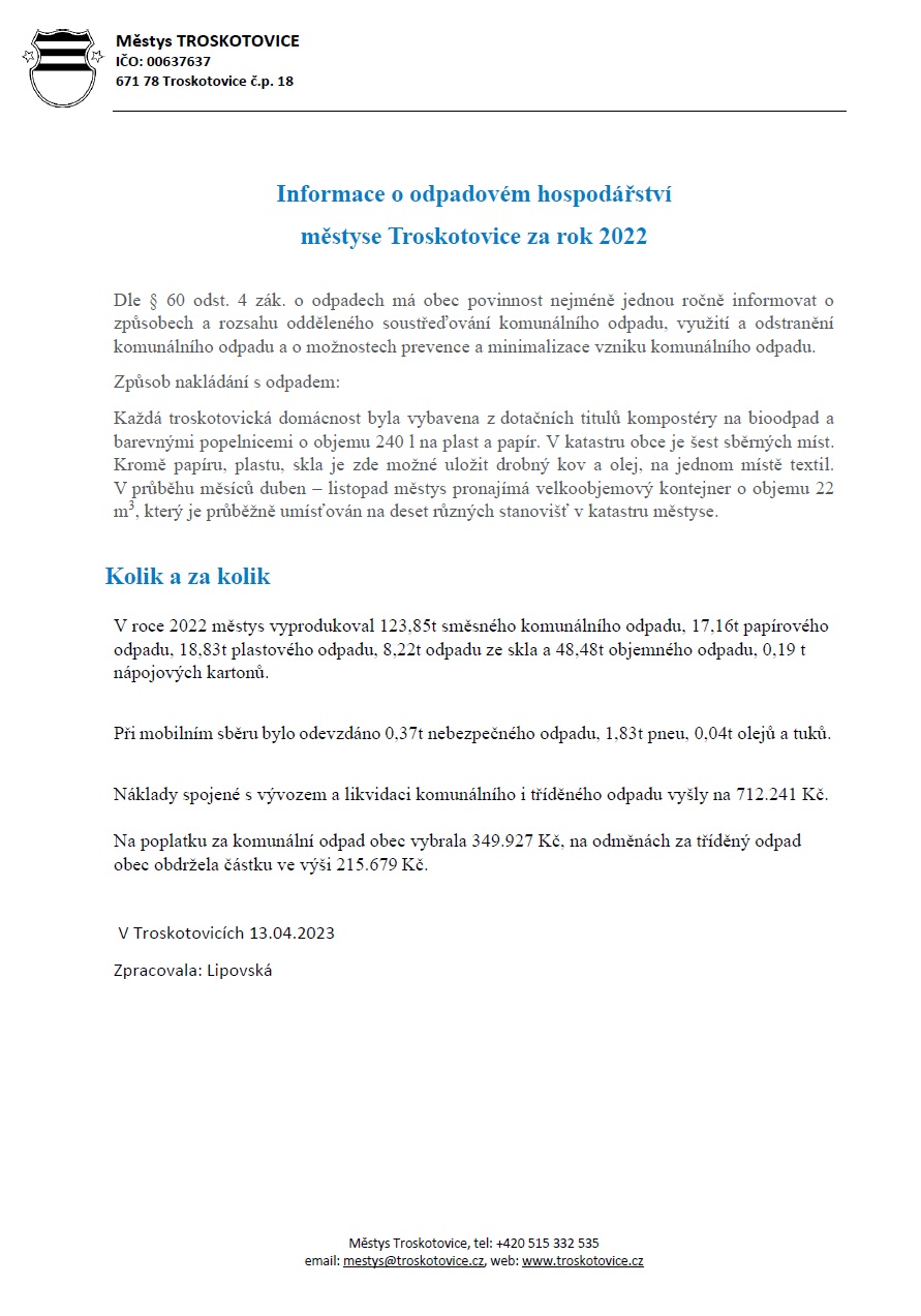 Informace o odpadovém hospodářství za rok 2022