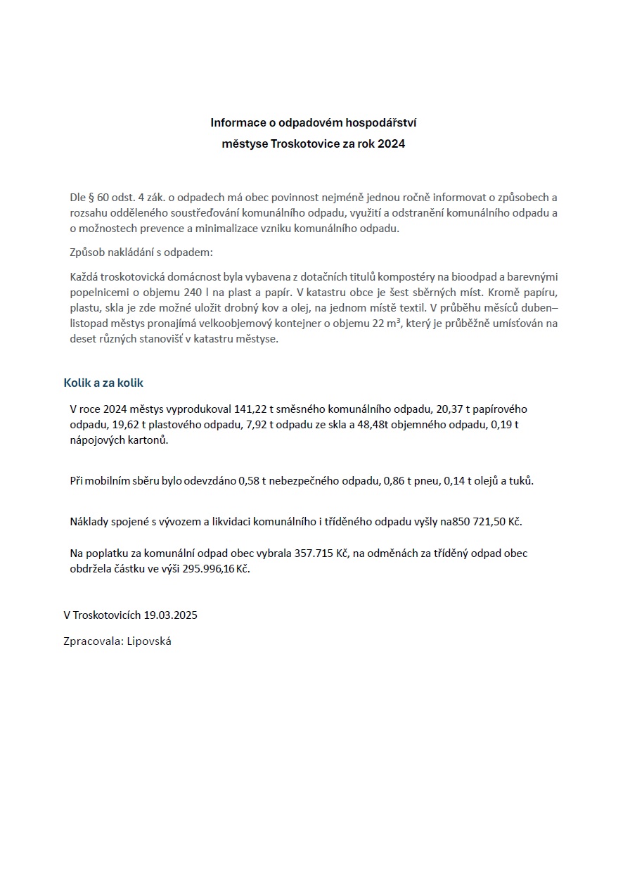Informace o odpadovém hospodářství za rok 2024