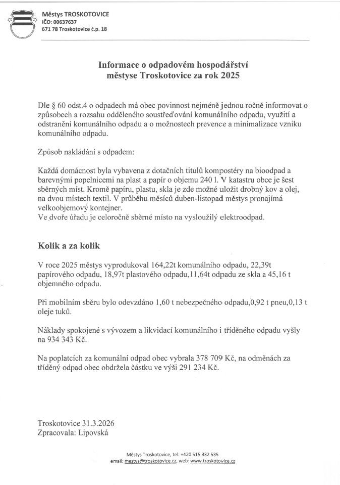 Informace o odpadovém hospodářství za rok 2025