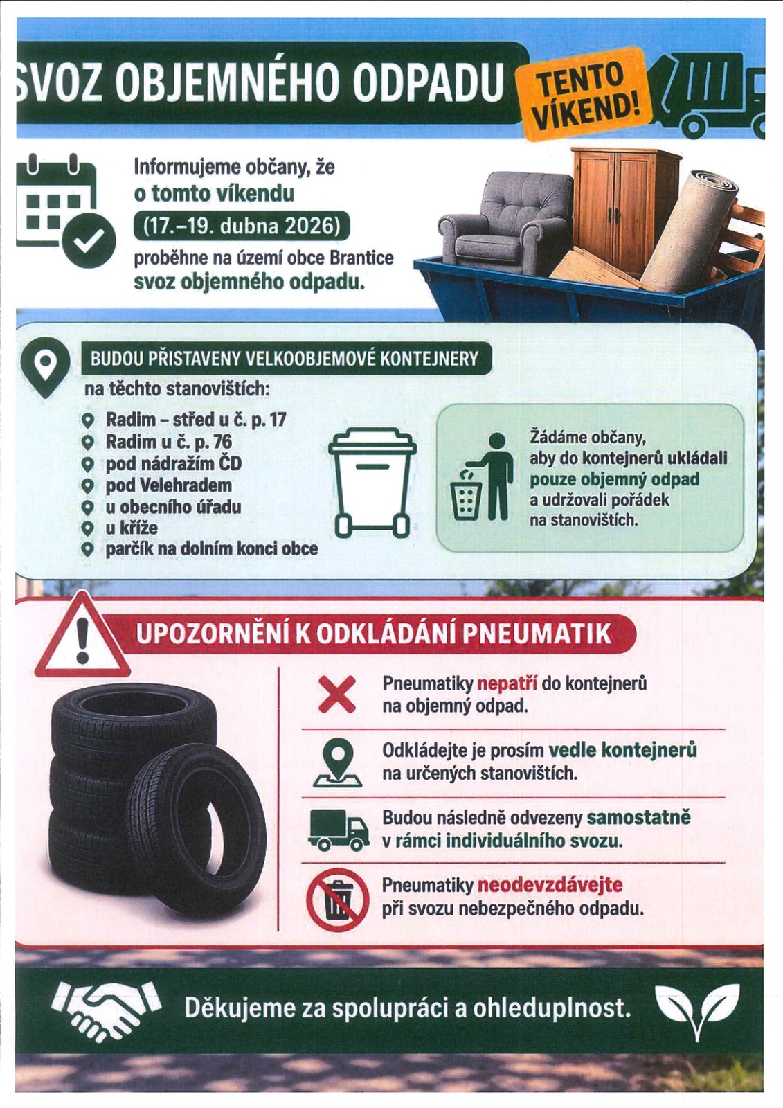Náhledový obrázek článku: Svoz objemného odpadu proběhne v Branticích a v Radimi 17.–19. 4. 2026.