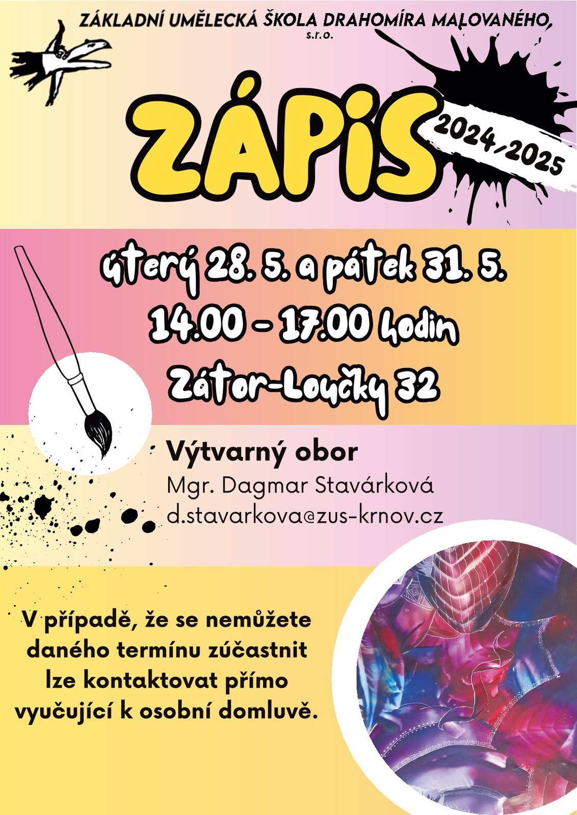 Náhledový obrázek článku: ZUŠ Drahomíra Malovaného - ZÁPIS 2024/2025