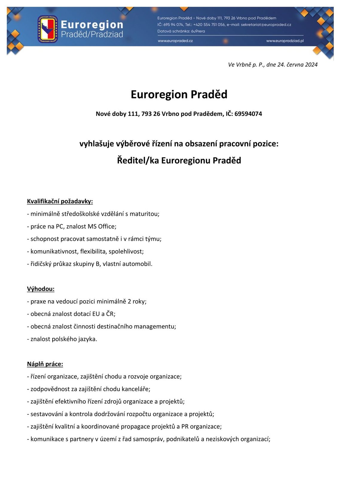Náhledový obrázek článku: Euroregion Praděd vyhlašuje výběrové řízení na obsazení pracovní pozice ředitele/ředitelky