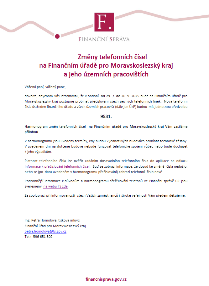 Náhledový obrázek článku: Přečíslování telefonních linek na Finančním úřadě