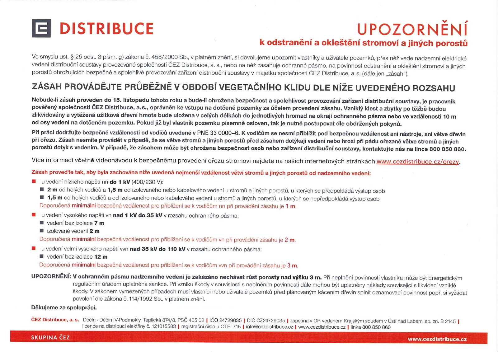 Náhledový obrázek článku: UPOZORŇENÍ ČEZ Distribuce, a.s., k odstranění a okleštění stromoví a jiných porostů