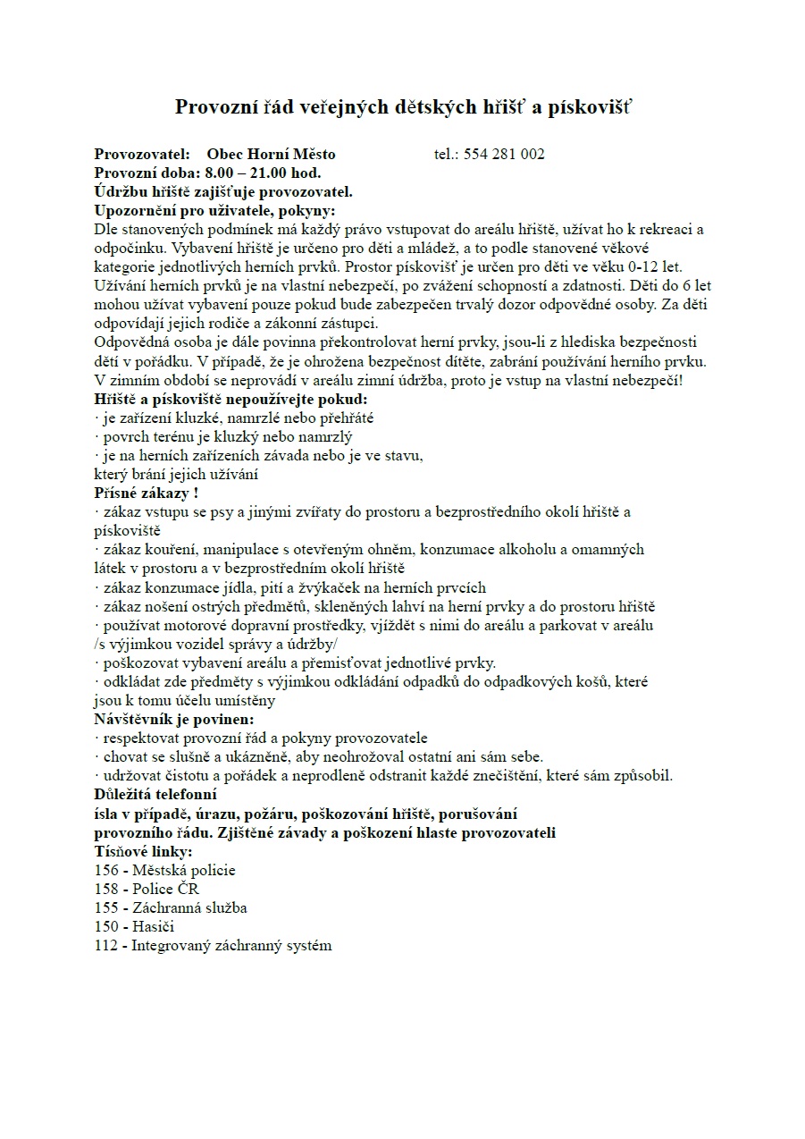 Provozní řád veřejných dětských hřišť a pískovišť 