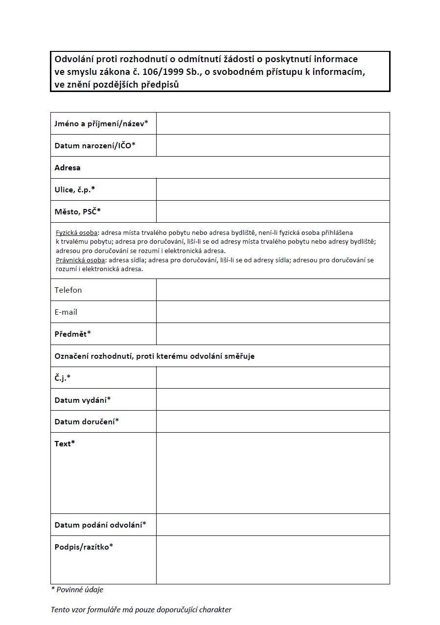 Formulář pro odvolání proti rozhodnutí o poskytnutí informace