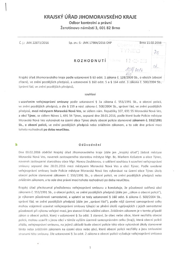 Rozhodnutí - souhlas KÚ JMK s uzavřením veřejnoprávní smlouvy