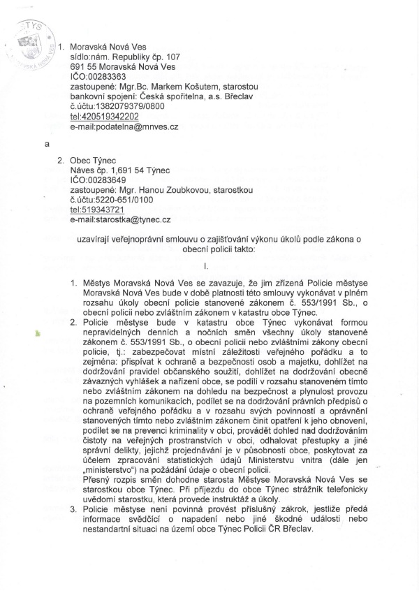 Veřejnoprávní smlouva s Městysem Moravská Nová Ves o obecní policii