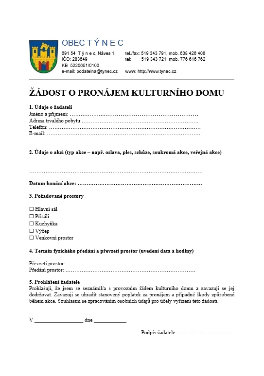 Žádost o pronájem Kulturního domu