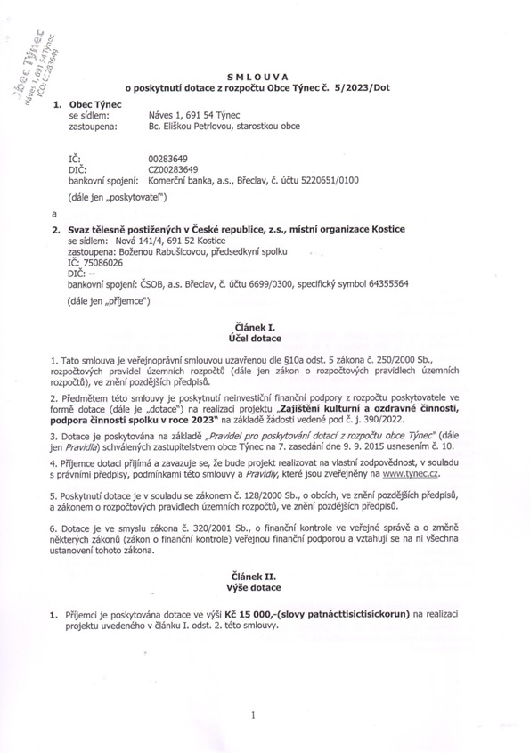 Smlouva o dotaci STP Kostice