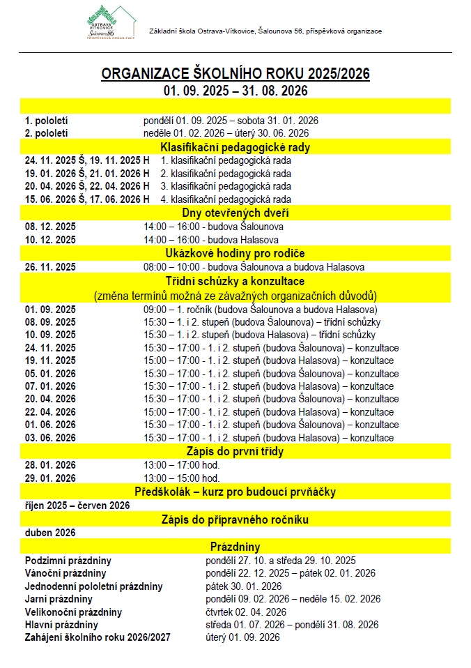 Organizace školního roku 2025/2026